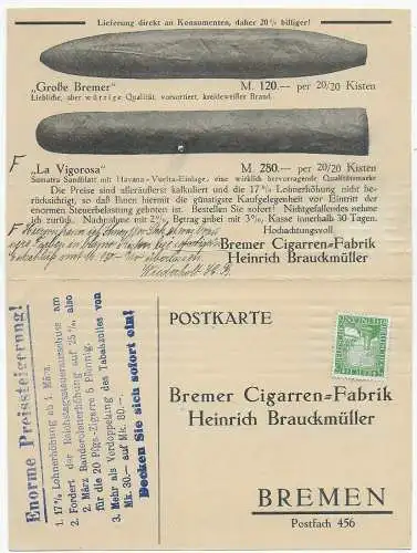 Bremer Cigarrenfabrik Bremen nach Neugersdorf, 1925, mit Antwortkarte