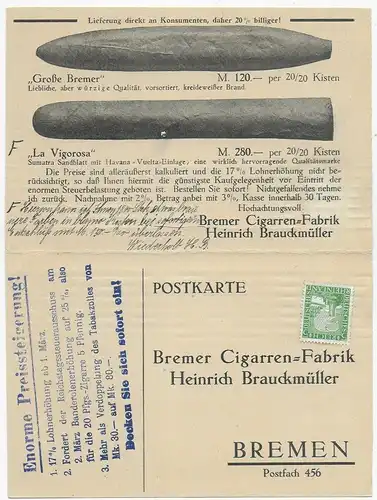 Bremer Cigarrenfabrik Bremen vers Neugersdorf, 1925, avec carte de réponse