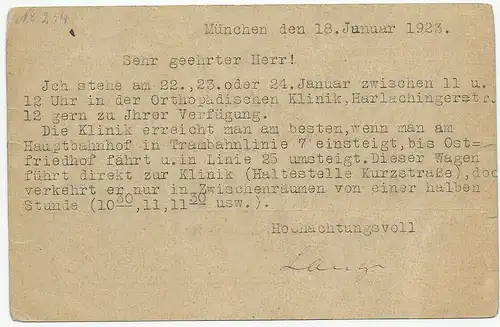 Orthopädische Klinik München nach Nördlingen, 18.1.1923