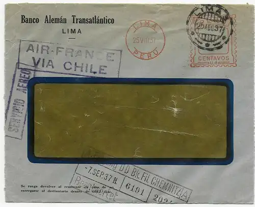 Banco Aleman Transatlantico, Lima, 1937: Air France via Chile to Chemnitz