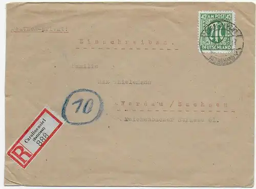 Einschreiben Carolinensiel/Ostfriesland - Werdau/Sachsen,1945 Rückseite bezahlt