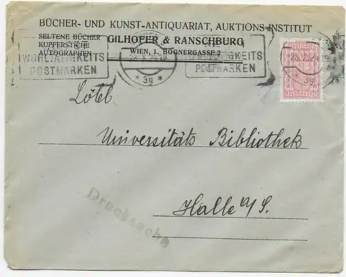 Bücher und Kunst-Antiquariat, Wien nach Halle als Drucksache, 1924
