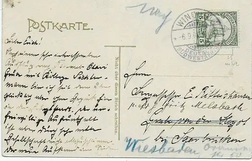 Ansichtskarte Windhuk, Bezirks- und Obergericht, 1907 nach Wiesbaden/Saarbrücken