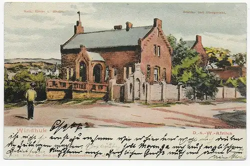 Carte de vue Windhuk, tribunal de district et tribunal supérieur, 1907 vers Wiesbaden/Saarbrücken