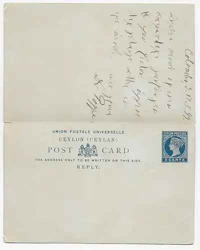 Double-Postcard Colombo 1899 to Sao Paulo/Brazil