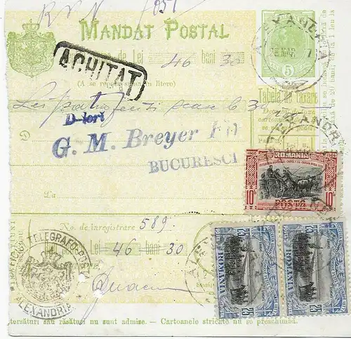 Paketkarte Alexandria nach Bucarest 1907