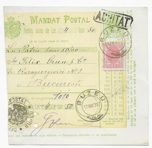 Carte de paquet Büzeu 1907 vers Bucarest