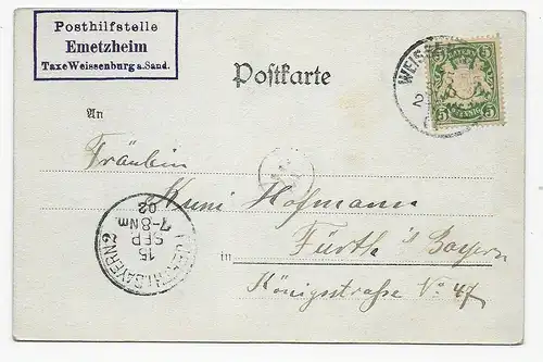 Ansichtskarte Posthilfstelle Emetzheim/Taxe Weissenburg a. Sand nach Fürth, 1902