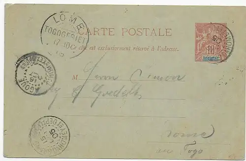 Carte postale Dahomey Agoue/Grandpopo vers Lomé/Togo 1905