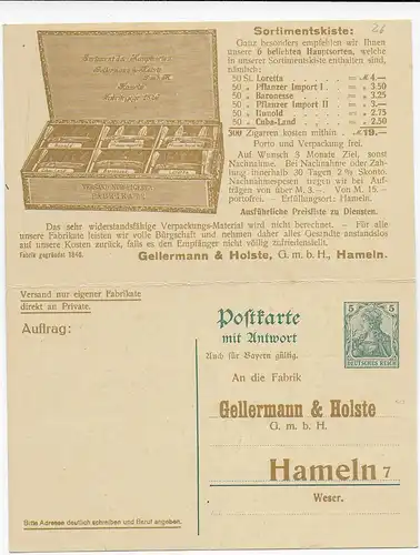 Ganzsache Antwortkarte Hameln 1912 nach Wolfenbüttel, Zigarrenwebung