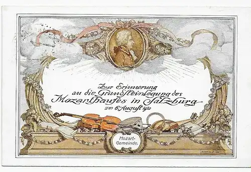 Ansichtskarte Grundsteinlegung Mozarthaus 1910 in Salzburg mit Sonderstempel