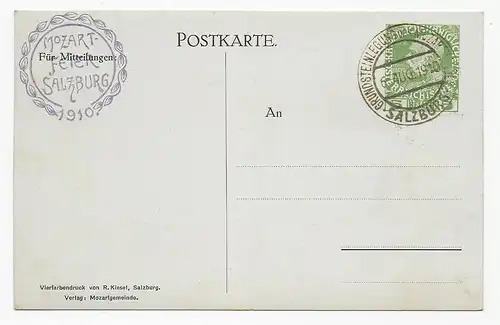 Ansichtskarte Grundsteinlegung Mozarthaus 1910 in Salzburg mit Sonderstempel