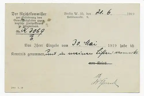 Postkarte Portofrei Berlin 1919 nach Fürth, Absender: Gewalt gegen Deutsche 