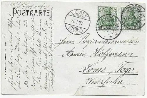 Idstein i. Taunus, Baugewerkschule nach Lome / Togo 1907, Ankunftsstempel