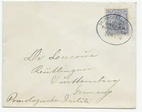 Deutsche Seepost Bremen-New York 1906 nach Reutlingen, Pomologisches Institut