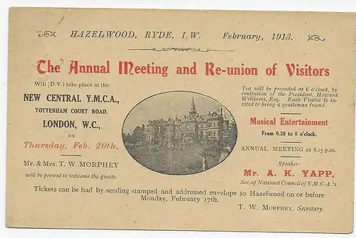 Post card 1913, Isle of Wight: Ryde to London; Annual Meeting Y.M.C.A.