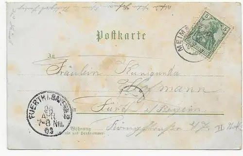 Ansichtskarte: Gruss aus Meimsheim, 1902 nach Fürth