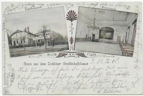 Ansichtskarte: Gruss aus dem Trebbiner Gesellschaftshause 1905 nach Fürth