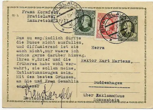Bratislava 1939 nach Buddenhagen über Anklamm Haus Sonnenheim, P1 Ganzsache