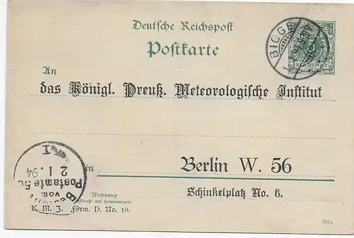 Carte postale Bleu 1894 à Königl. Pruss. Météorologique Institut Berlin, données de mesure