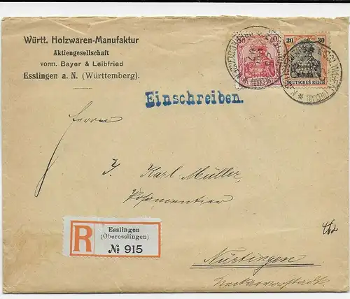 Einschreiben Esslingen/Oberesslingen nach Nürtingen. Marken Firmenlochung Perfin