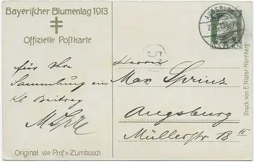 Offizielle Postkarte zum Bayrischen Blumentag 1913, Augsburg