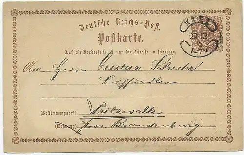 Ganzsache mit Hufeisenstempel Kiel nach Pritzewalk, 1873