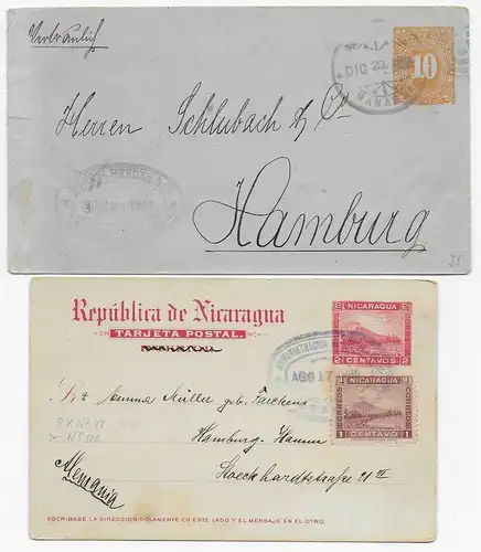 2x Ganzsache von Nicaragua nach Hamburg, 1886 und 1908