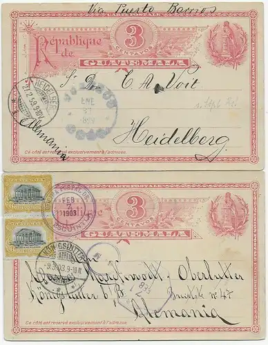 2x Ganzsache von Guatemala: nach Heidelberg 1899, nach Königslutter 1903