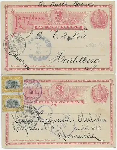 2x entier de Guatemala: vers Heidelberg en 1899, vers Königshutte en 1903.