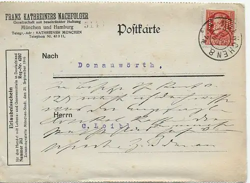 Carte postale Munich 1920 vers Donauwörth, marque avec l'entreprise-Lokung, Perfin