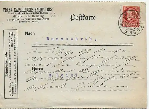 Postkarte München 1920 nach Donauwörth, Marke mit Firmen-Lochung, Perfin