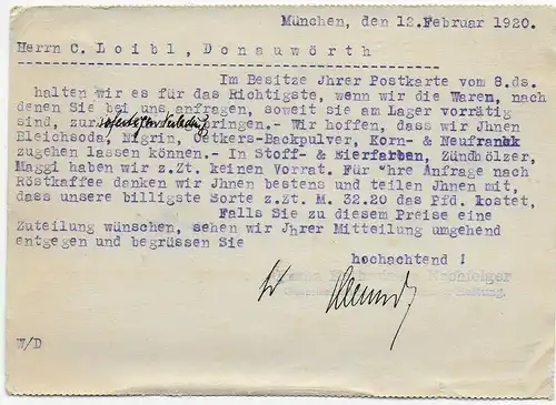 Postkarte München 1920 nach Donauwörth, Marke mit Firmen-Lochung, Perfin