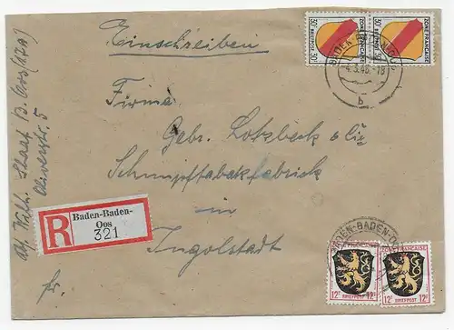 Einschreiben Baden-Baden 1946 nach Ingolstadt, Schnupftabakfabrik