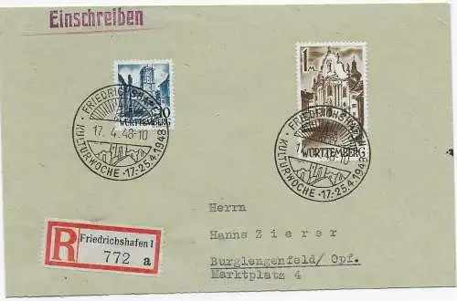 Einschreiben Friedrichshafen nach Burglengenfeld 1948, Kulturwoche Sonderstempel