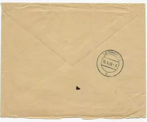 Einschreiben Reichenberg Sudetengau nach Leitmeritz, 1939