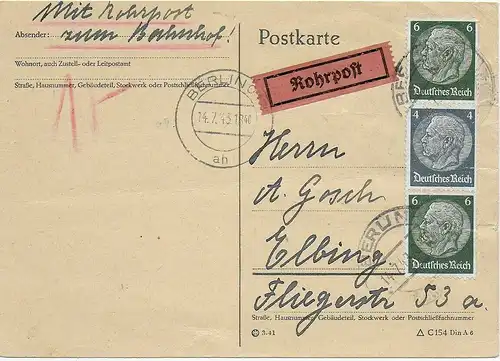 Rohrpostkarte Berlin 17 nach Elbing, 1943