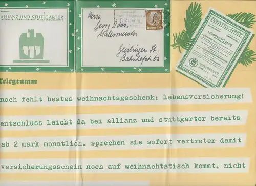 Weihnachtspost Stuttgart 1933, Rückseitig Werbung Allianz, Faltbrief