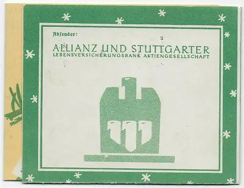 Weihnachtspost Stuttgart 1933, Rückseitig Werbung Allianz, Faltbrief