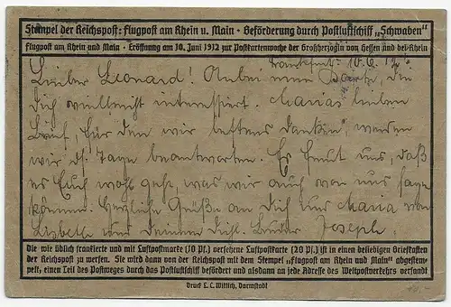 Flugpost am Rhein, Frankfurt 1912 nach Essen, Postluftschiff Schwaben