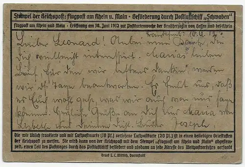 Poste aérien sur le Rhin, Francfort 1912 pour Essen, bateau postal Schwaben
