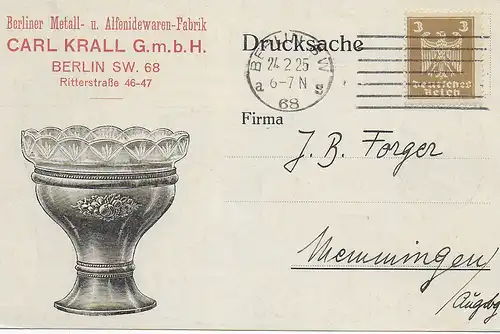 Carte Berlin vers Memmingen, publicité arrière Coupes,Jack 1925