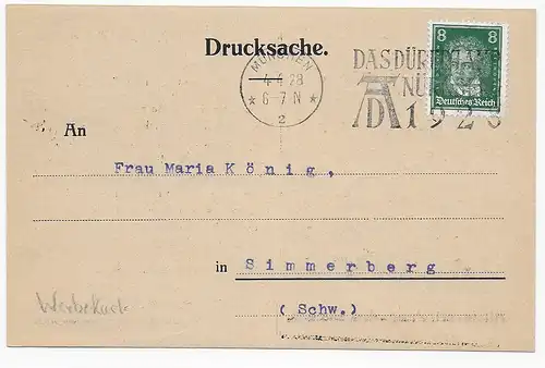 Drucksache München 1928 nach Simmerberg, Werbekarte Piano und Flügel