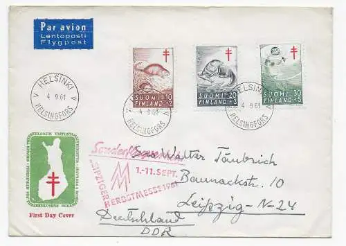 air mail Helsinki FDC to Leipzig: Sonderflugverkehr Leipziger Messe 1961