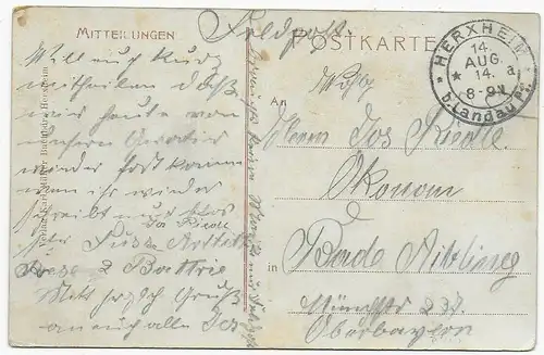 Carte de Herxheim 1914 comme un courrier de champ après Bad Aibling