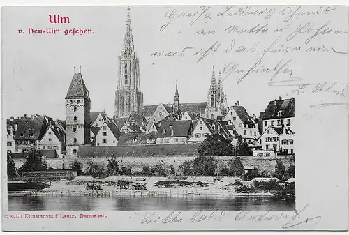 Ansichtskarte Ulm von Neu Ulm gesehen, 1903 Bahnpost nach Fürth