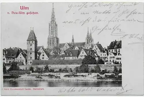 Ansichtskarte Ulm von Neu Ulm gesehen, 1903 Bahnpost nach Fürth