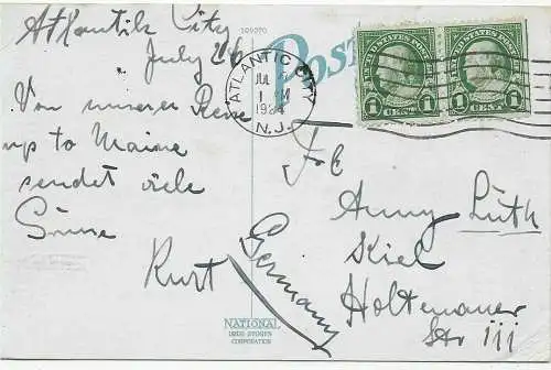 Post card Marlboro-Blenheim Hotel, Atlantic city 1924 to Kiel/Germany