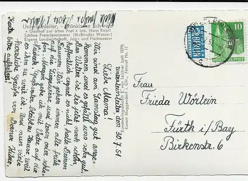 Ansichtskarte Unterleinleiter, fränk. Schweiz, 1952 nach Fürth