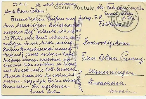 Ansichtskarte Ste-Mariaburg 1917 als Feldpost Bayr. Inf. Reg. nach Memmingen